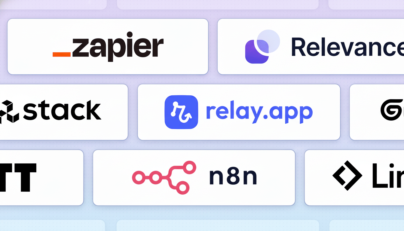 A collage of various software application logos, including Zap ier, Relevance, Stack, Relay.app, n 8n, and L inc, presented on white rounded rectangle