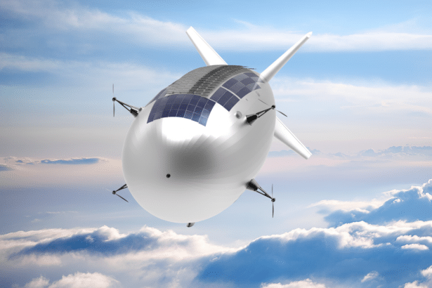 A white, elongated blimp- like aircraft with solar panels on its top surface and propellers extending from its sides, soaring above a layer of clouds