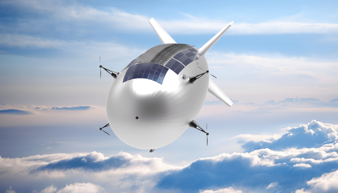 A white, elongated blimp- like aircraft with solar panels on its top surface and propellers extending from its sides, soaring above a layer of clouds