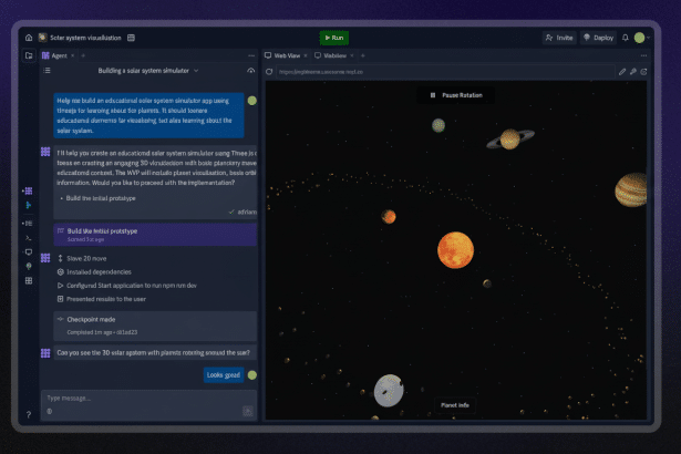 Screenshot of a solar system visualization application with planets orbiting the sun, displayed within a development environment.