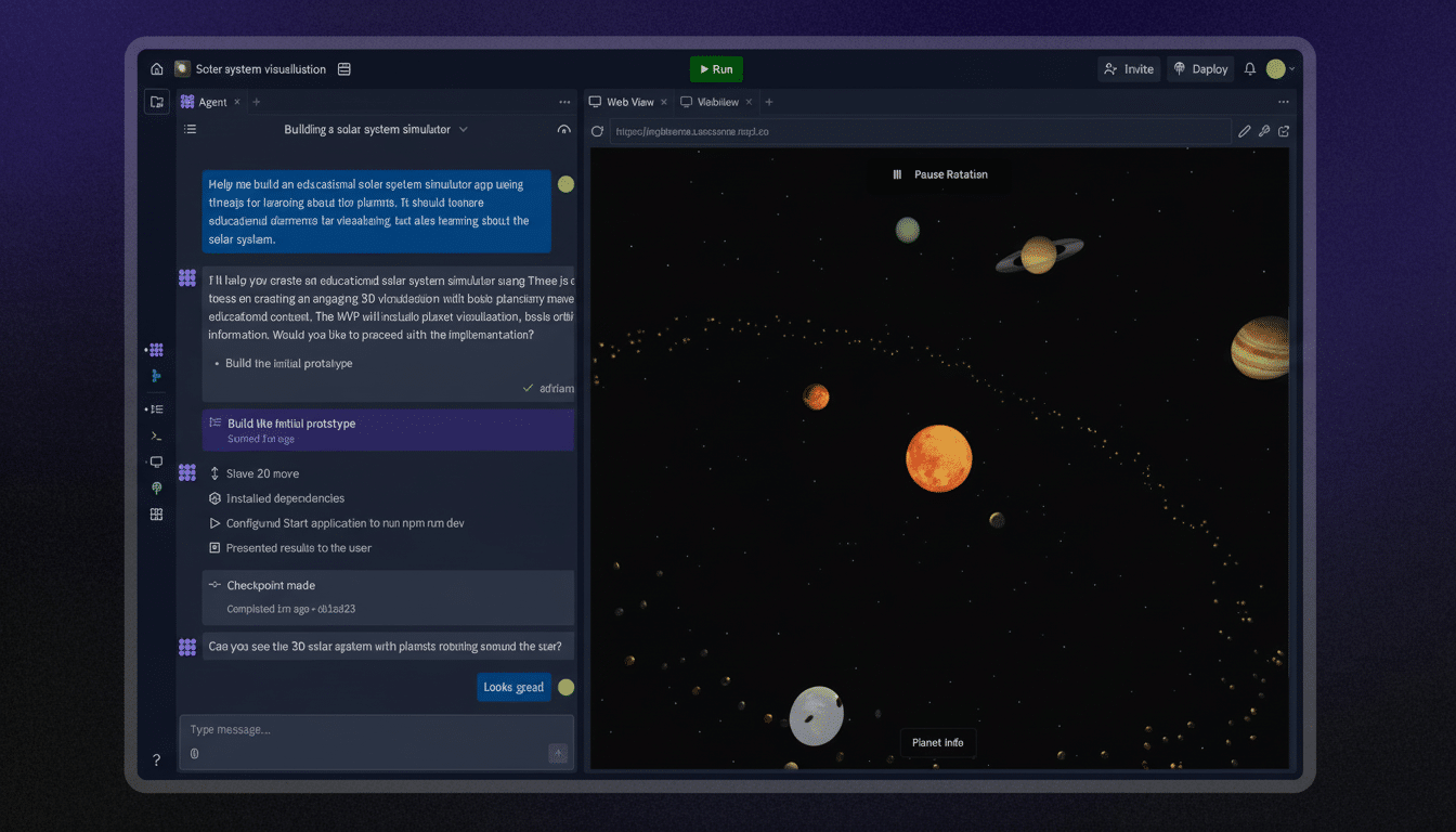 Screenshot of a solar system visualization application with planets orbiting the sun, displayed within a development environment.