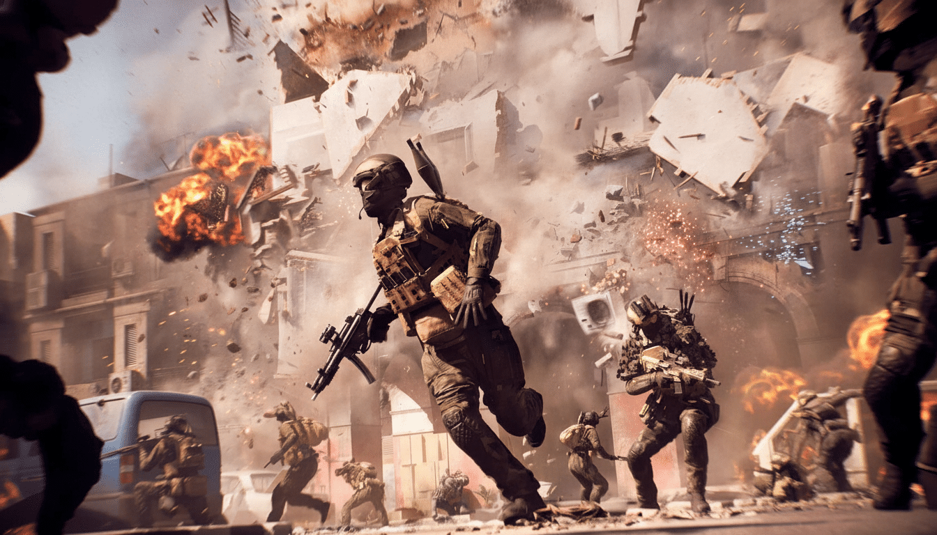 Soldiers running through a chaotic, war -torn street with explosions and debris flying .