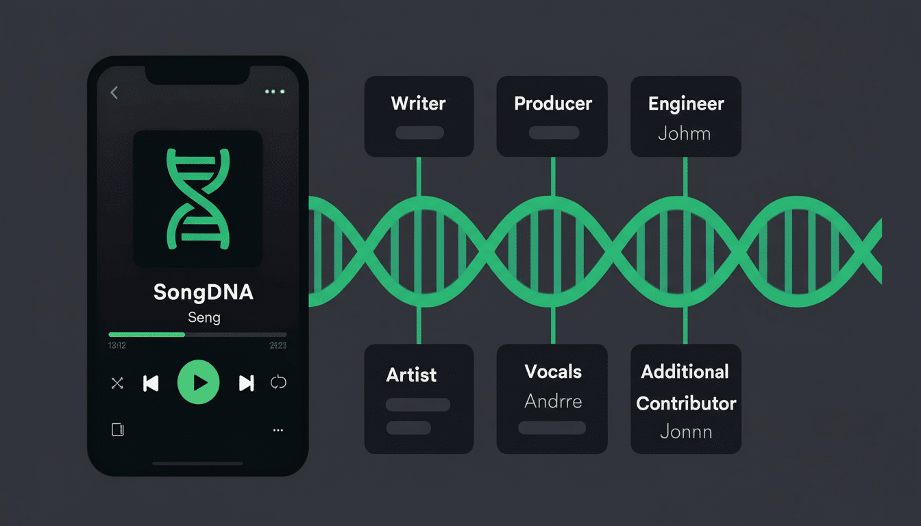 A professional flat design image showing a smartphone playing a song called SongDNA by Seng, with a DNA helix icon. To the right, a green DNA helix graphic connects to various roles in music production: Writer , Producer, Engineer ( Johnm), Artist , Vocals ( Andrre), and Additional Contributor (Jonnn).