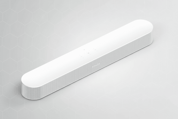 A white Sonos soundbar is positioned diagonally on a light grey background with a subtle, geometric pattern. The sound bar itself remains unchanged, while the background provides a clean, professional aesthetic. Filename : sonos soundbarprofessional background .png