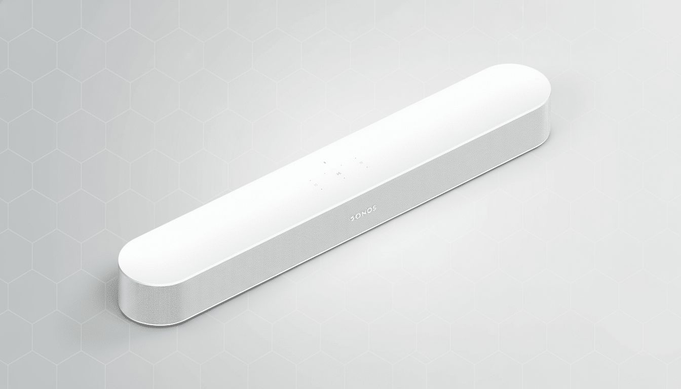 A white Sonos soundbar is positioned diagonally on a light grey background with a subtle, geometric pattern. The sound bar itself remains unchanged, while the background provides a clean, professional aesthetic. Filename : sonos soundbarprofessional background .png