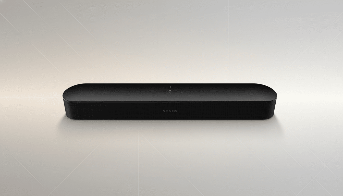 A sleek , black Sonos sound bar centered against a professional flat design background with a subtle gradient and soft geometric patterns. Filename : sonos soundbarprofessional display .png