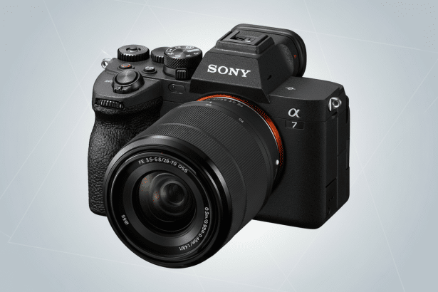 A professional shot of a black Sony Alpha 7 camera with a lens attached , presented on a light gray background with subtle geometric patterns. Filename : sonyalpha 7camera professional . png