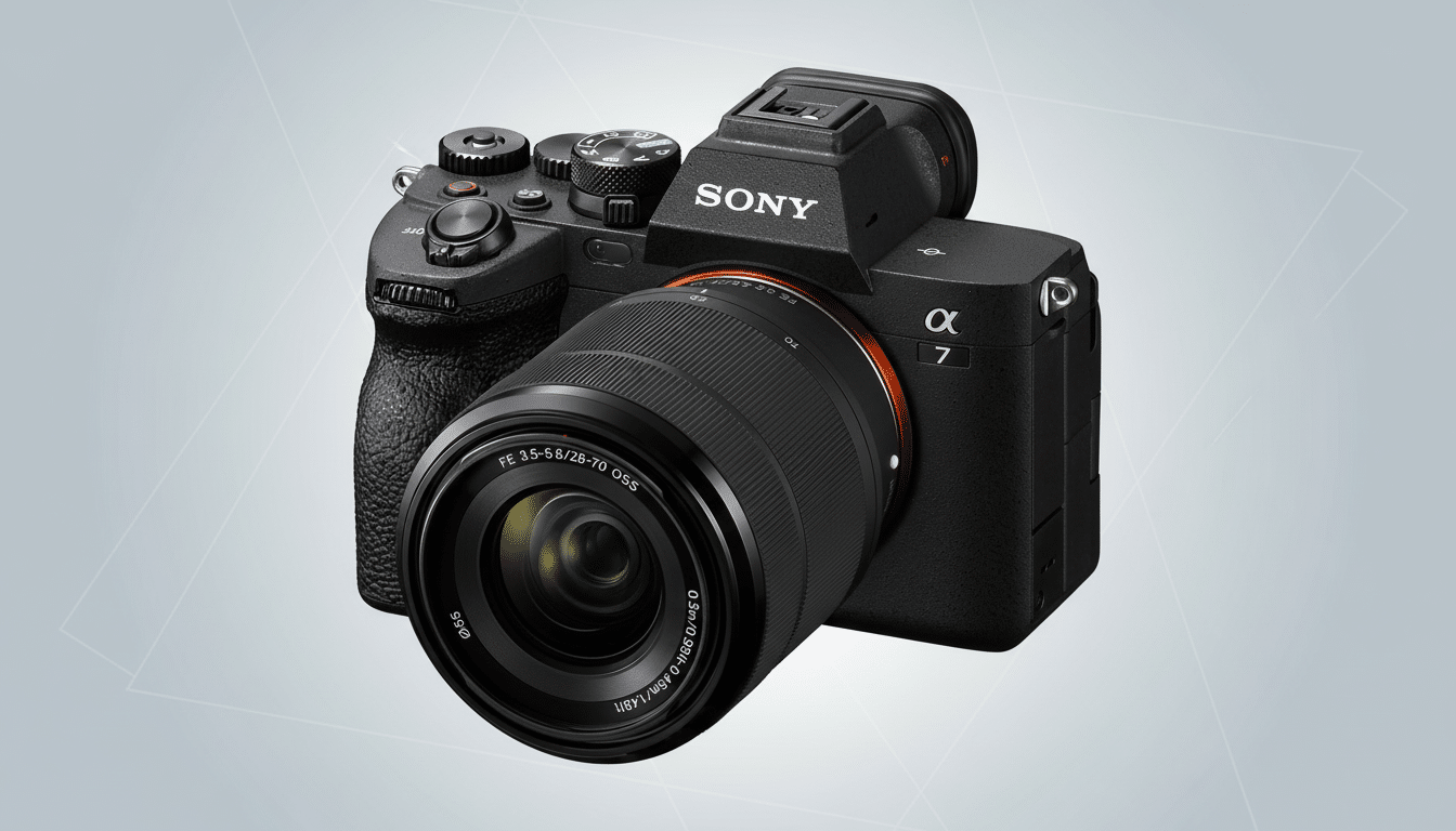 A professional shot of a black Sony Alpha 7 camera with a lens attached , presented on a light gray background with subtle geometric patterns. Filename : sonyalpha 7camera professional . png