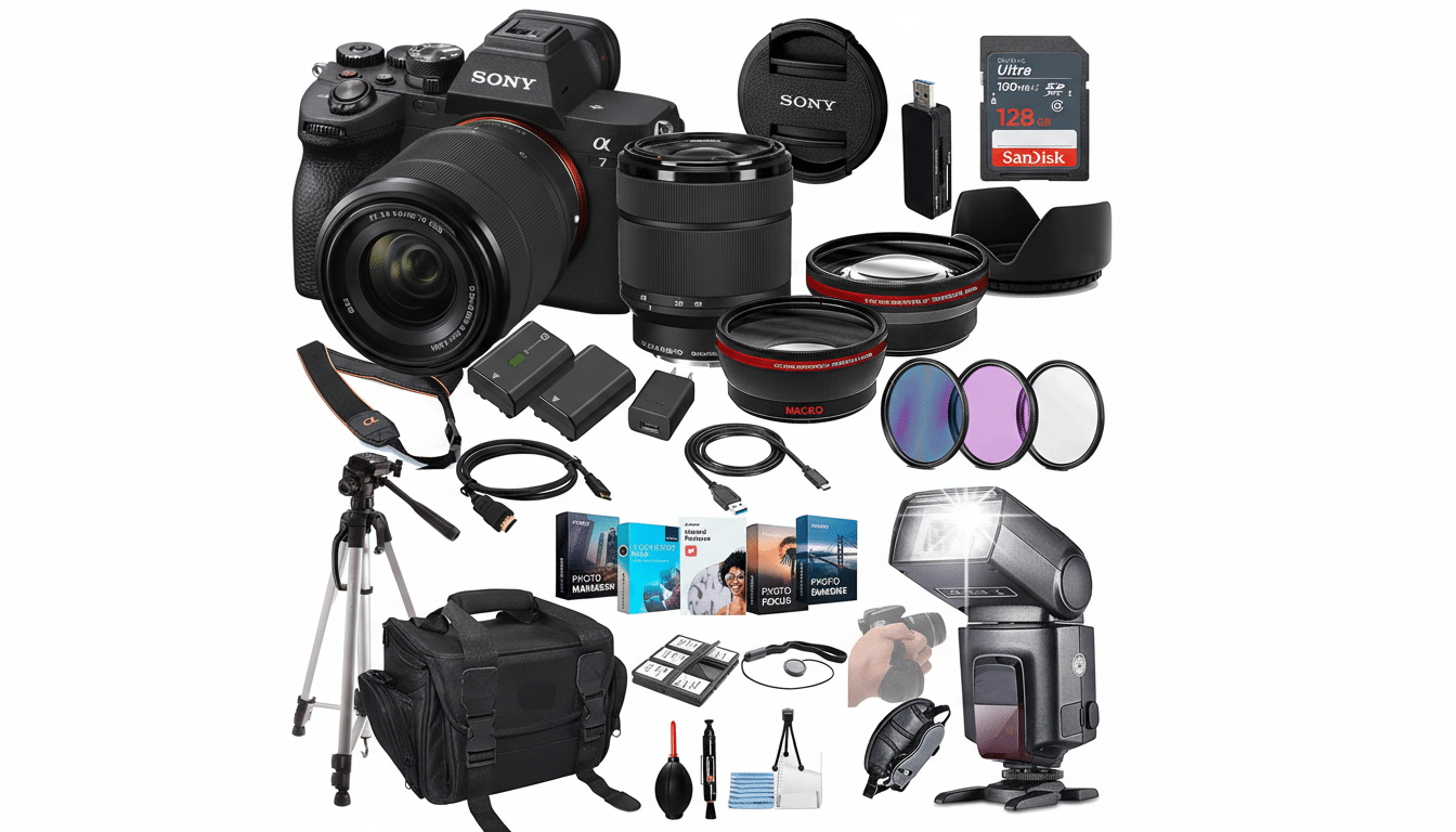 A professional camera kit including a Sony Alpha 7 camera , multiple lenses, flash , tripod , memory card, batteries , and various accessories, all arranged on a clean white background.