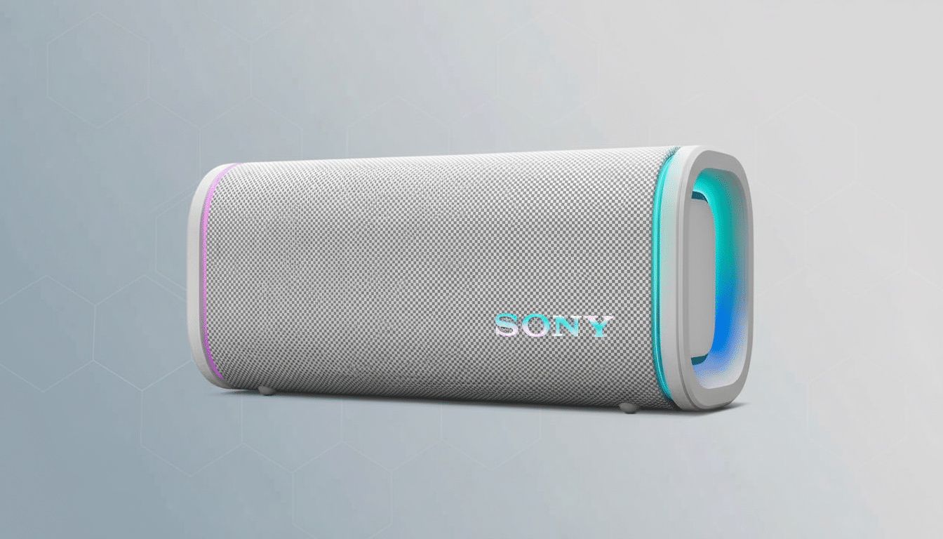 A white Sony portable Bluetooth speaker with colorful LED lights on the ends and the SON Y logo illuminated in the center, set against a professional gray background with a subtle geometric pattern. Filename : sonybluetooth speakerprofessional .png