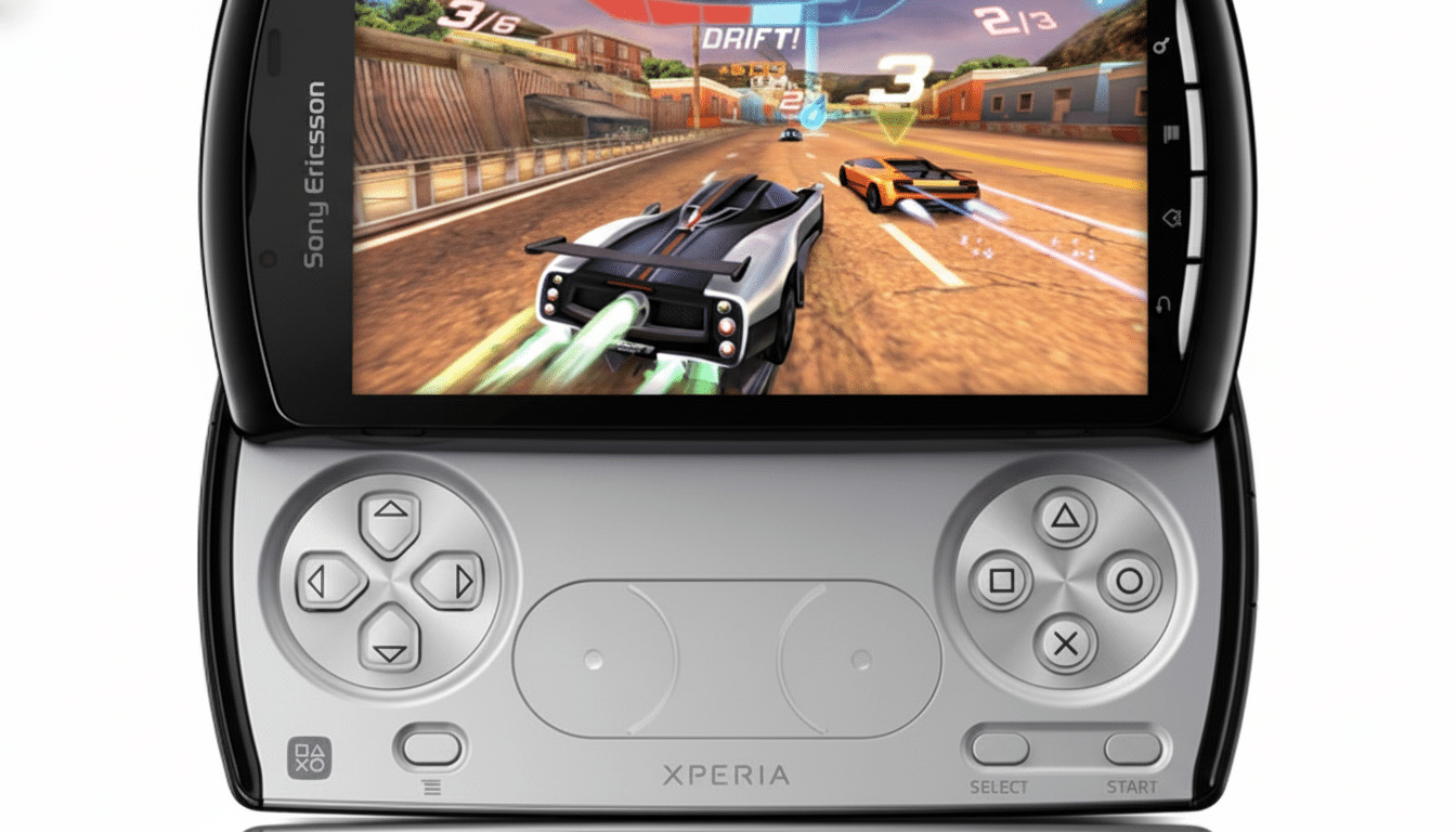A close -up shot of a Sony Ericsson Xperia Play smartphone in landscape mode, with its gamepad revealed, displaying a racing video game on its screen. The phone has a silver body and black screen bezel .