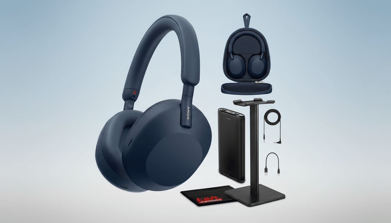 A professional arrangement of a navy blue Sony over -ear headphone set , accompanied by its matching case, a power bank, a headphone stand, and various cables, all against a soft blue and grey gradient background.