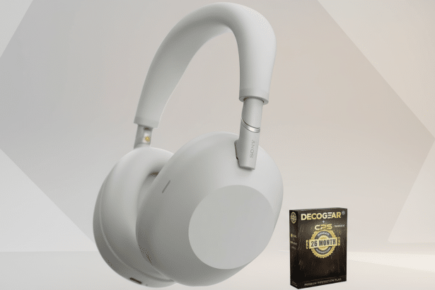 A pair of white Sony wireless headphones next to a Decog ear CPS Bundle box , presented on a soft gradient background.