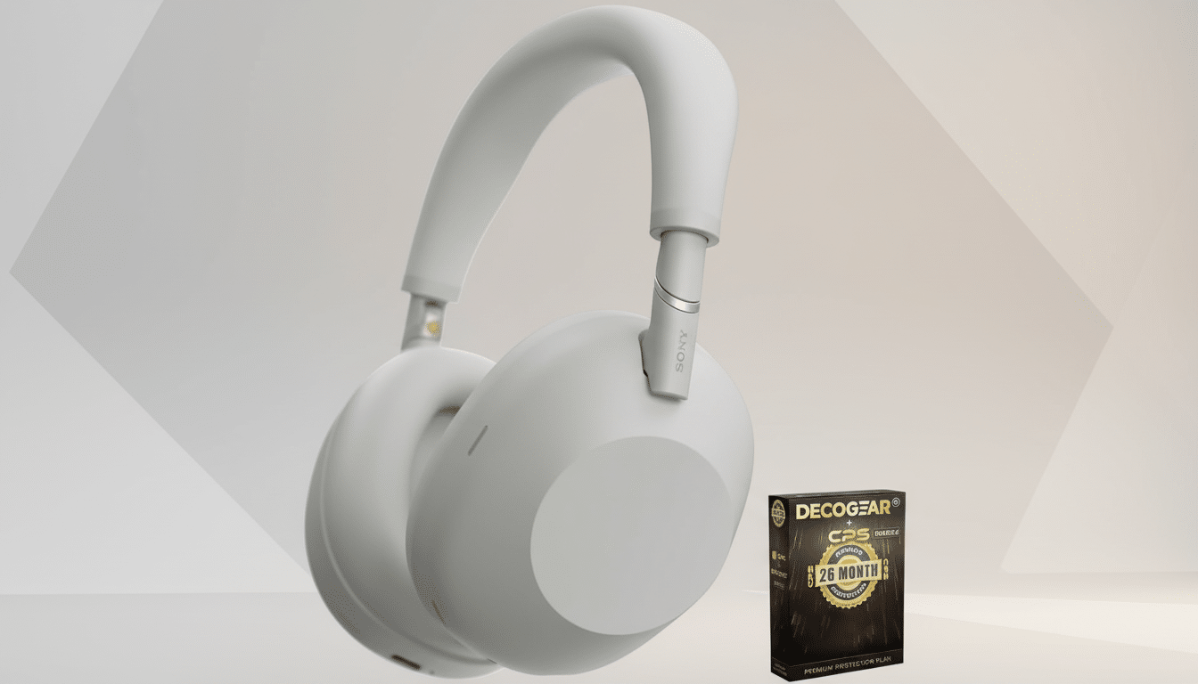 A pair of white Sony wireless headphones next to a Decog ear CPS Bundle box , presented on a soft gradient background.