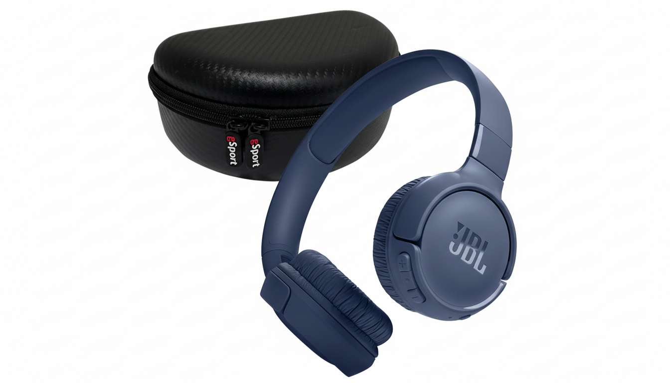 A pair of navy blue JBL headphones resting next to a black, zippered carrying case with eSport written on the zipper pulls, presented on a white background.