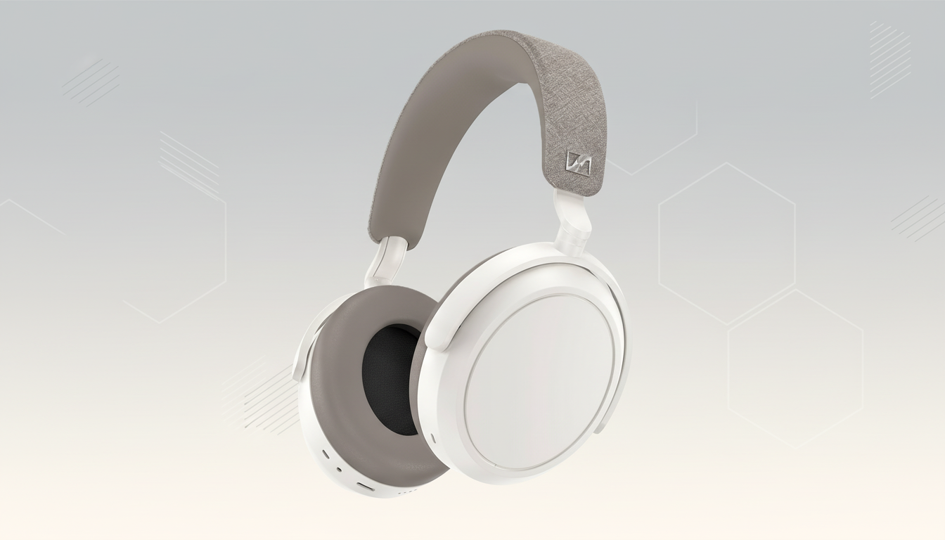A pair of white and grey over-ear headphones with a fabric headband, presented on a professional flat design background with soft patterns and gradients.
