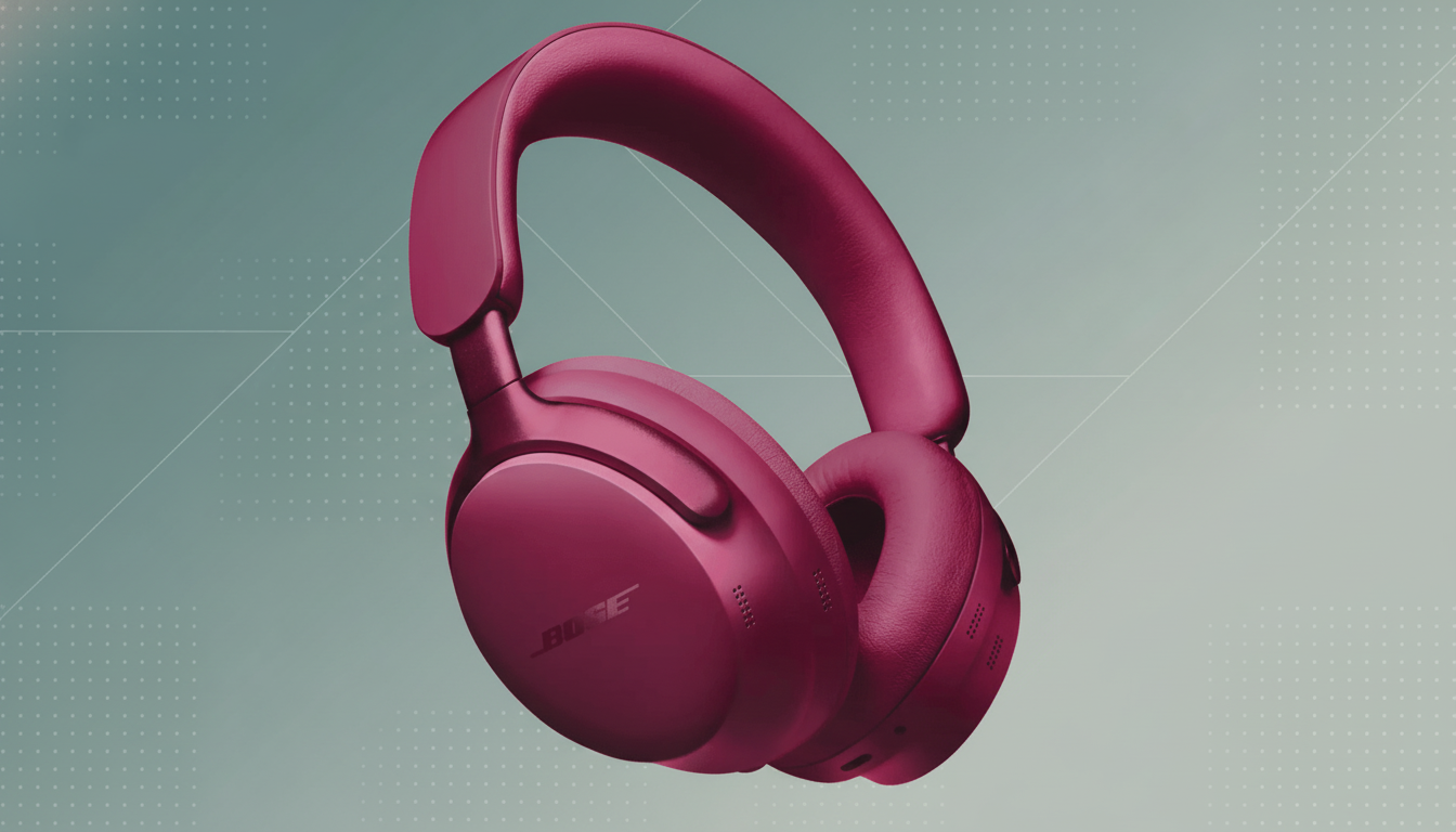 A pair of deep red Bose noise-cancelling headphones presented on a professional flat design background with soft patterns and gradients, resized to a 16:9 aspect ratio.