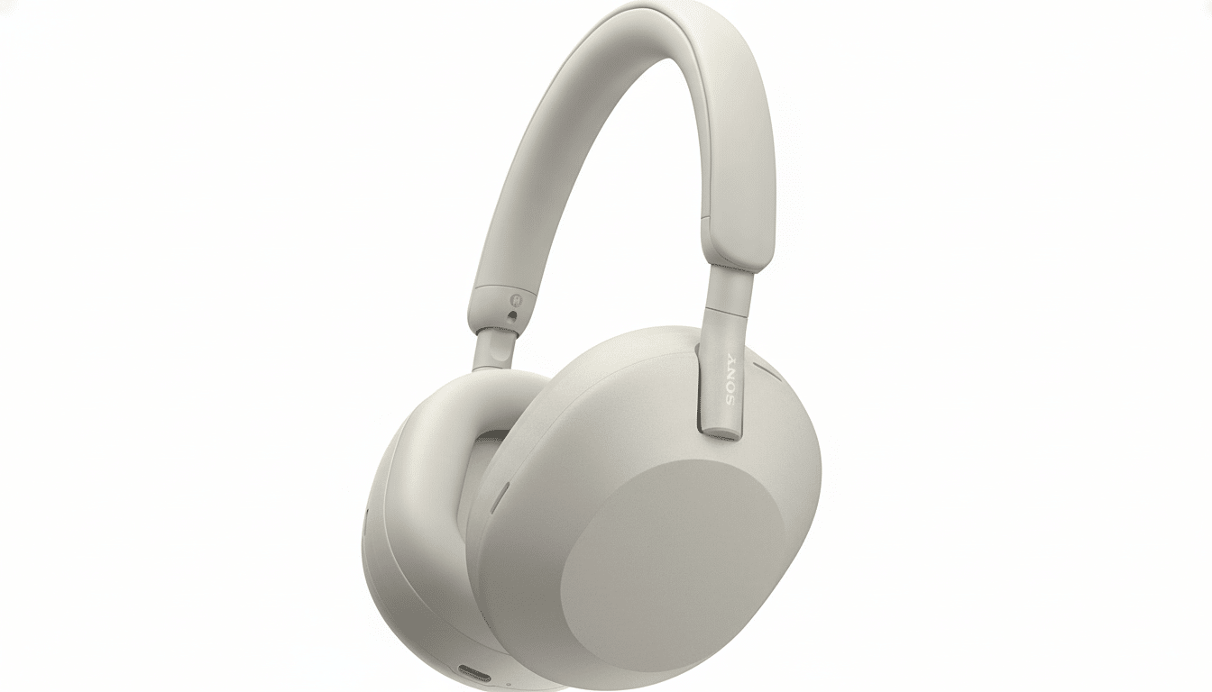 A pair of off -white Sony WH -1 000XM 5 wireless noise-canceling headphones on a pure white background, showcasing their sleek design.