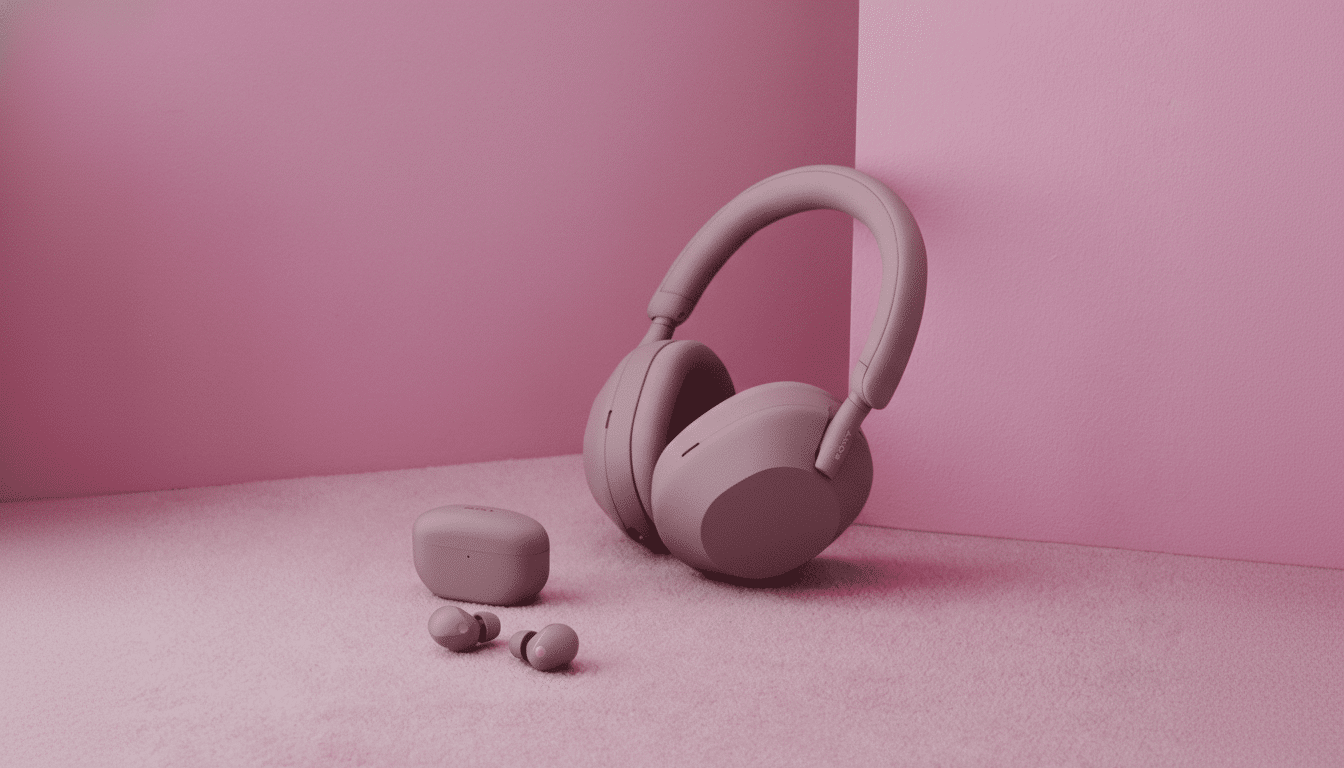 Pink Sony over -ear headphones, matching earbuds, and their charging case are arranged on a pink textured surface against a pink background, presented