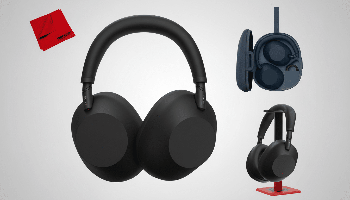 A professional arrangement of black Sony WH-1 000XM 5 headphones, including a large front view, a view in its carrying case, a pair on a red stand, and a red cleaning cloth in a 16: 9 aspect ratio with a soft gray gradient background. Filename : sony wh1 000xm 5headphones professionaldisplay .png