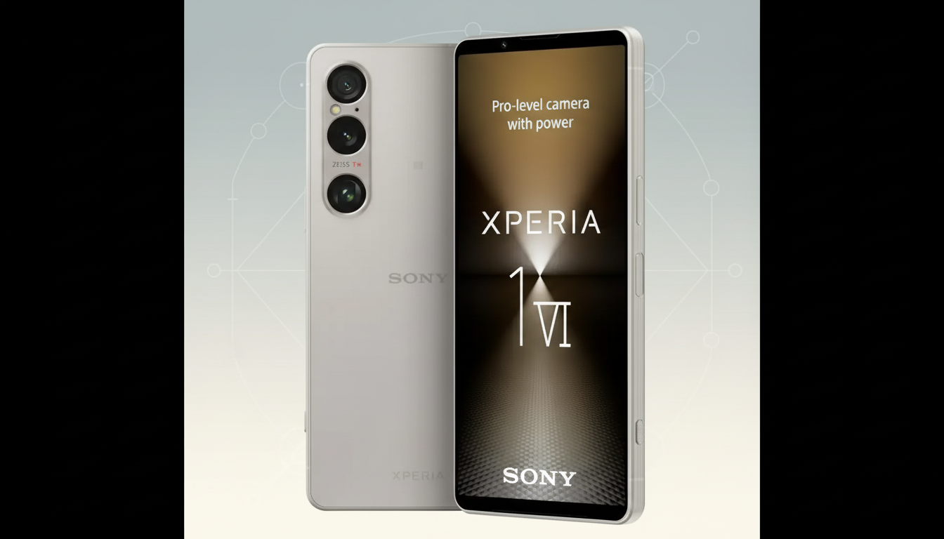 A professional image of a light gray Sony Xperia 1 VI smartphone, shown from the front and back, against a subtle light gray background with a geometric pattern.