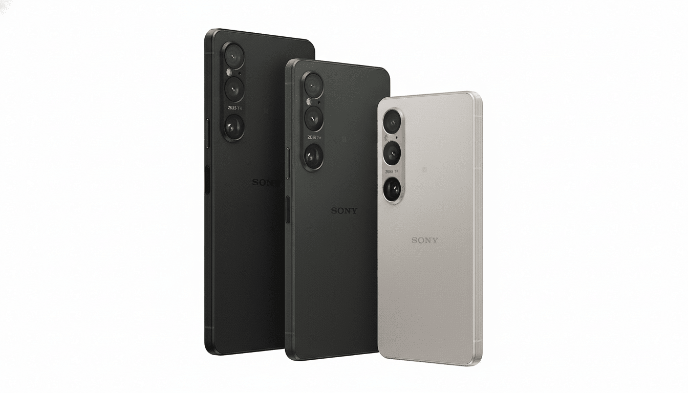 Three Sony smartphones, two black and one light gray, angled on a clean white background.