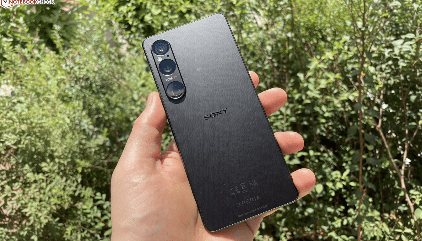 A hand holding a black Sony Xperia smartphone with a triple camera setup on the back, against a blurred green foliage background. Filename : sony xperia hand held 1 6x 9.png