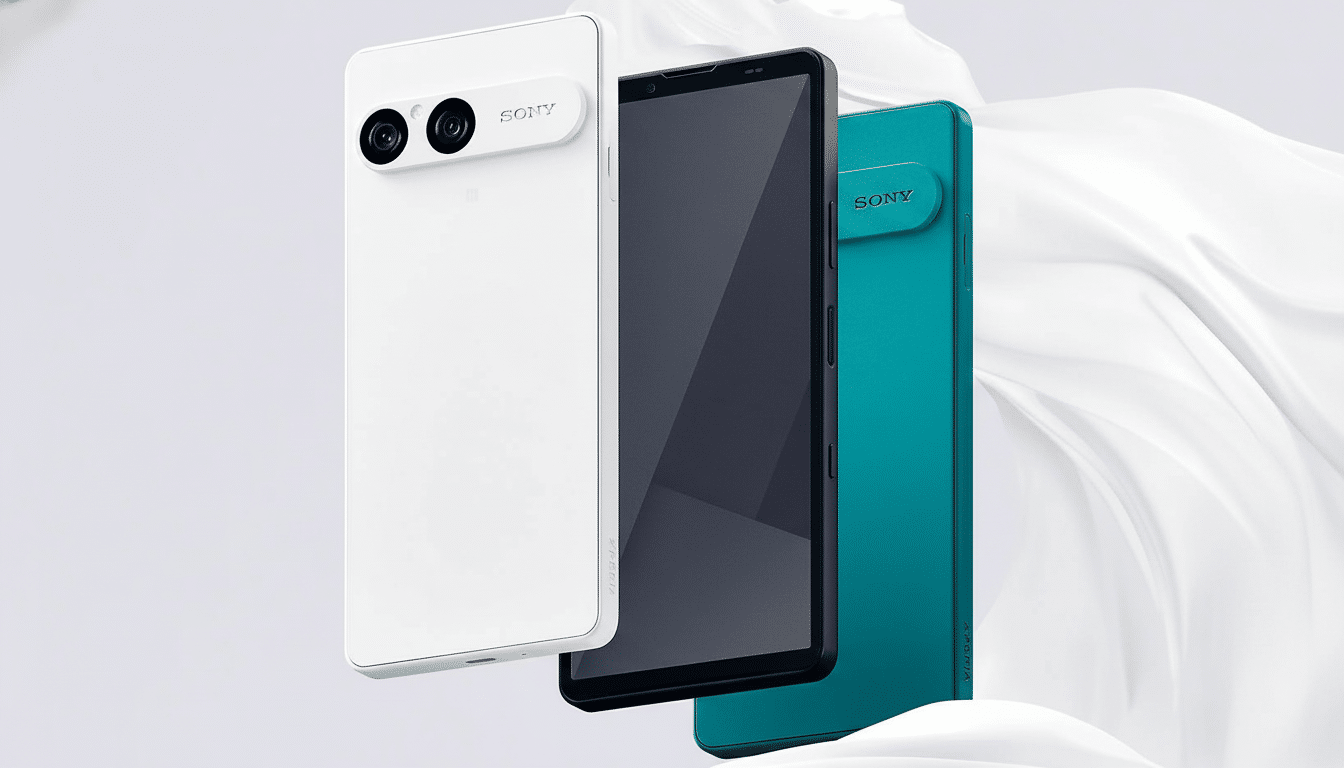 A professional product shot showcasing three Sony Xperia smartphones in white, black, and teal, presented against a soft, flowing white fabric backgro