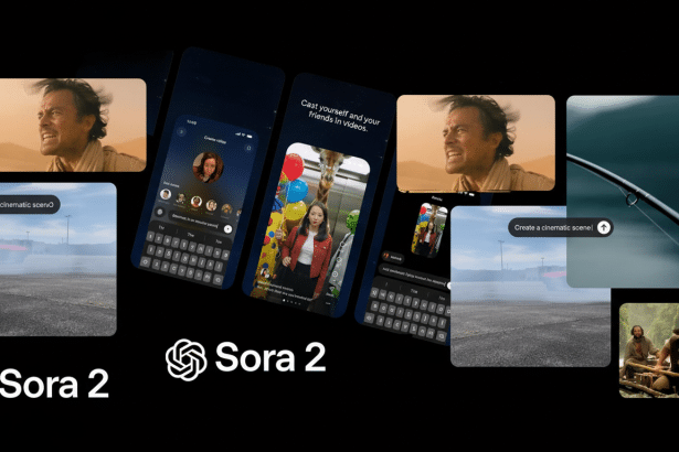 A montage of various video clips and app interfaces, with the Sora 2 logo prominently displayed.