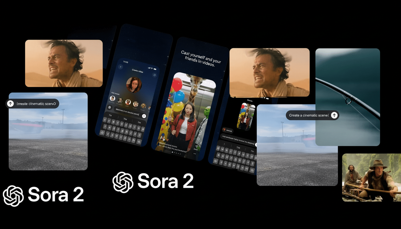A montage of various video clips and app interfaces, with the Sora 2 logo prominently displayed.
