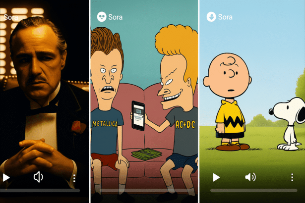 A 16:9 aspect ratio image featuring three vertical video frames . The left frame shows a man in a tuxedo , resembling Vito Corleone, with a serious expression. The middle frame depicts Beavis and Butt -Head on a couch, with Butt-Head holding a smartphone showing an app. The right frame shows Charlie Brown standing next to Snoopy in a grassy park . Each frame has a Sora logo at the top and video controls at the bottom .