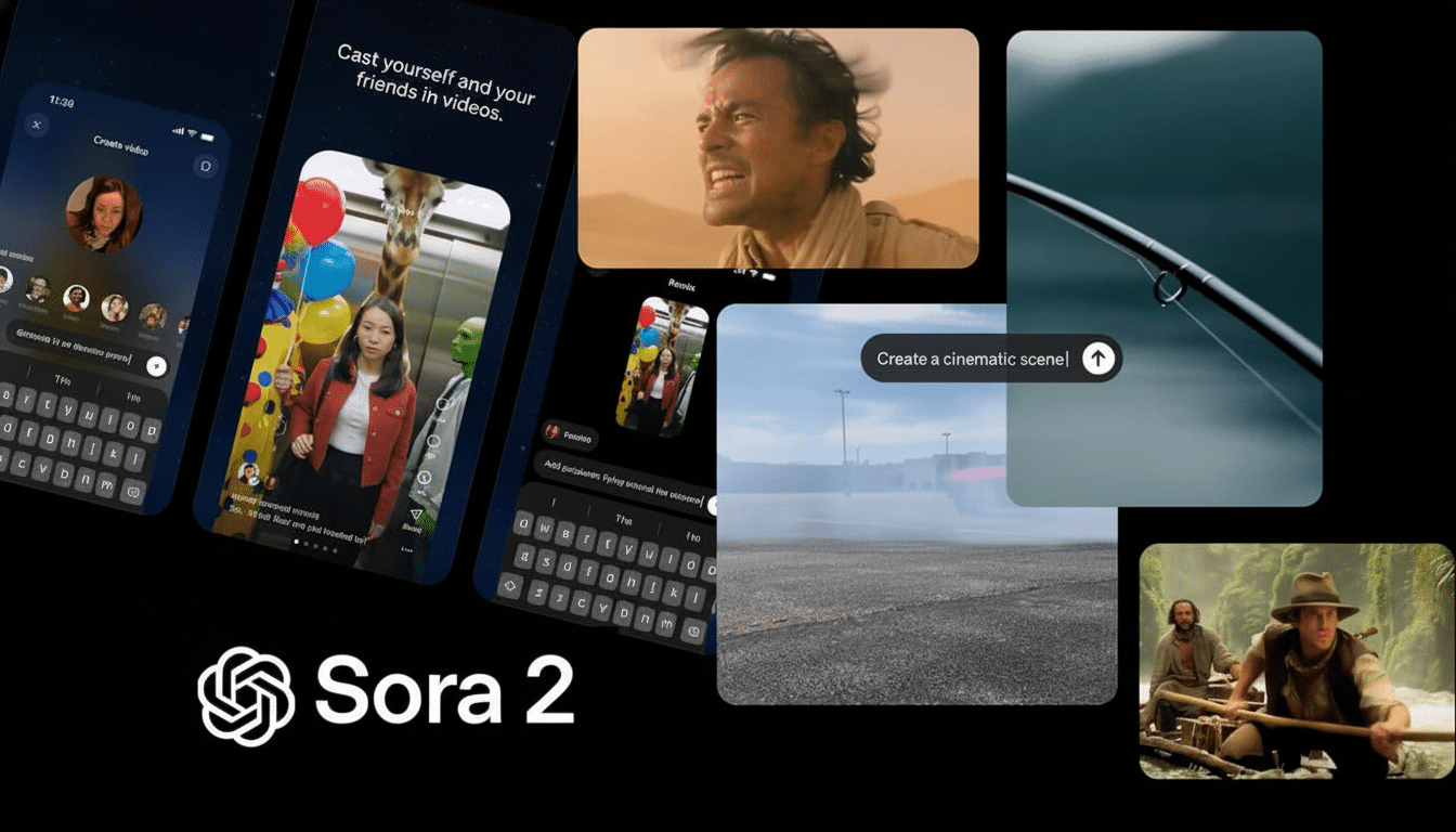 An image showing several screens related to video creation and editing, with the Sora 2 logo at the bottom.