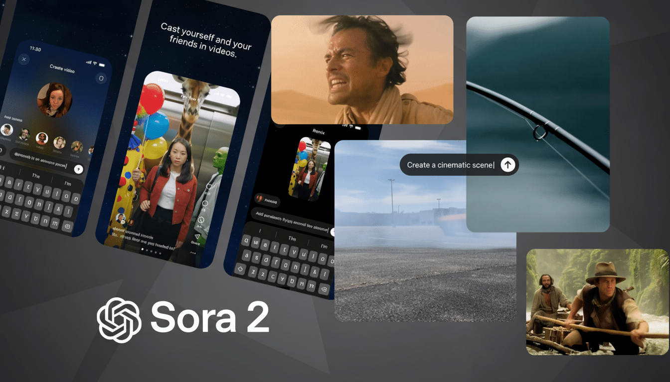 A collage of screens showcasing Sora 2 app features, with various video clips and app interfaces displayed.