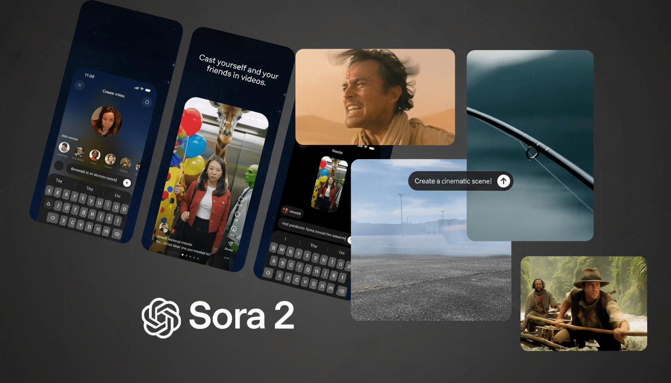 A professional presentation of Sora 2 s video generation features, showcasing various app interfaces and generated video clips, resized to a 1 6: 9 as