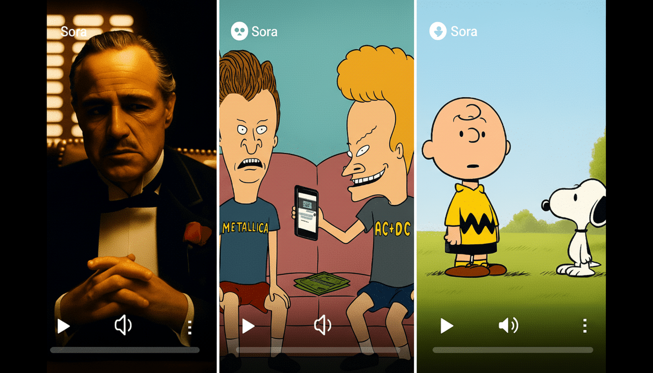 Three vertical video stills side-by- side, each branded with Sora. The first shows Marlon Brando as Vito Corleone from The Godfather. The second featu
