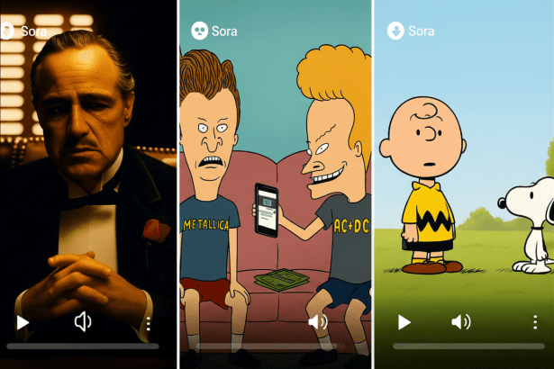 Three vertical video stills, presented side-by- side, within a larger horizontal frame. The first still shows Marlon Brando as Vito Corleone from The