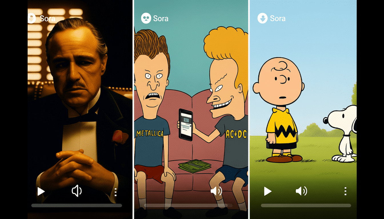 Three vertical video stills, presented side-by- side, within a larger horizontal frame. The first still shows Marlon Brando as Vito Corleone from The