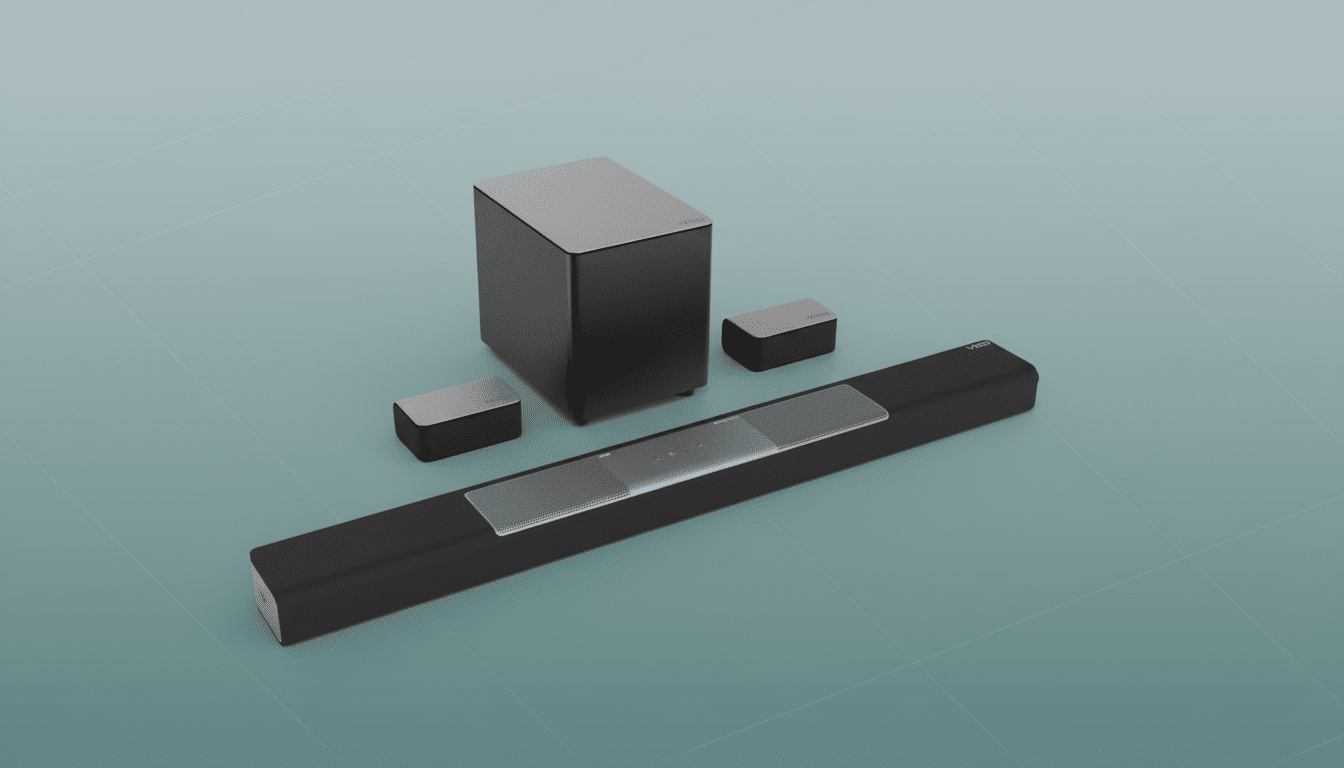 A modern black soundbar with two small satellite speakers and a subwoofer , presented on a subtle light blue gradient background with a faint grid pattern .