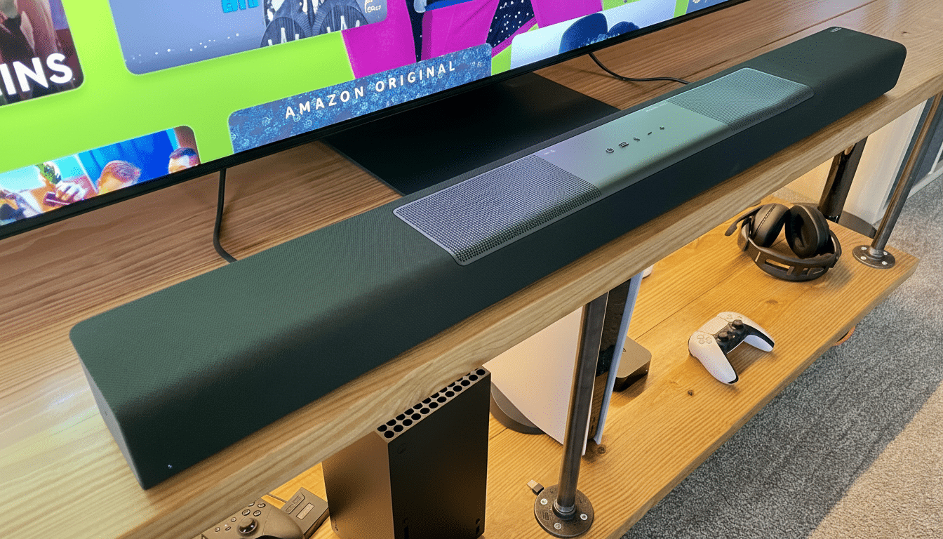 A professional shot of a sound bar under a television, with gaming consoles and headphones on a wooden shelf .