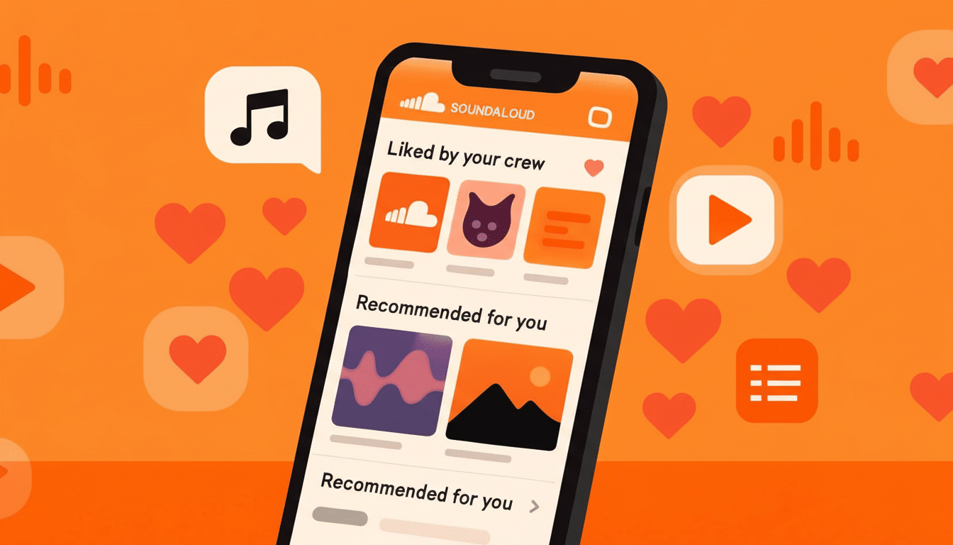 A mobile phone displaying the Soundal oud app interface , showing sections like Liked by your crew and Recommended for you , against an orange background with various music and media -related icons and heart shapes.
