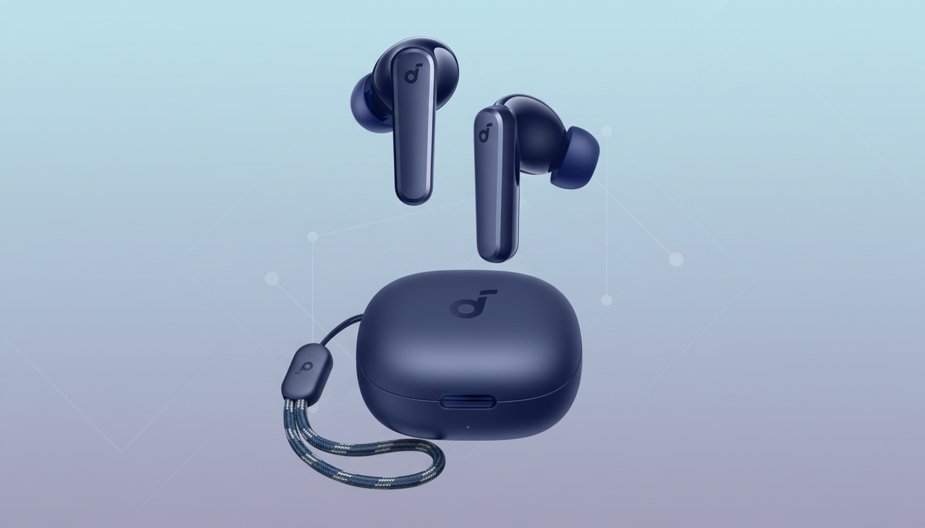 A pair of dark blue wireless earbuds and their matching charging case with a braided wrist strap, presented on a professional flat design background with soft blue and purple gradients and subtle geometric patterns.