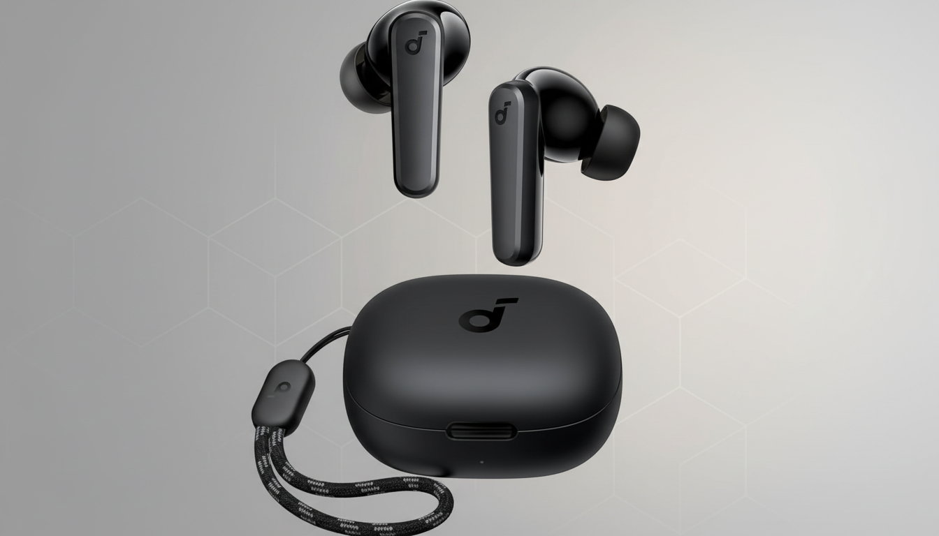 A pair of black Soundcore by Anker earbuds and their charging case with a braided strap, presented on a professional flat design background with soft geometric patterns.