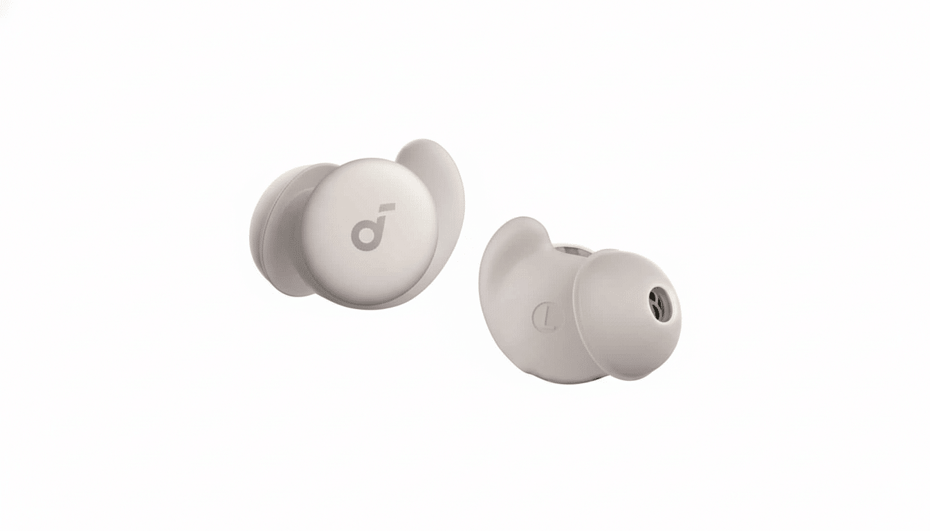 A pair of white Anker Sound core Sleep A 1 0 earbuds on a plain white background, rendered in a professional 16:9 aspect ratio.