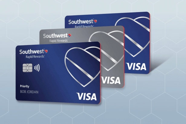 Three Southwest Rapid Rewards Visa credit cards are displayed on a professional background with soft geometric patterns. The cards are blue and gray,