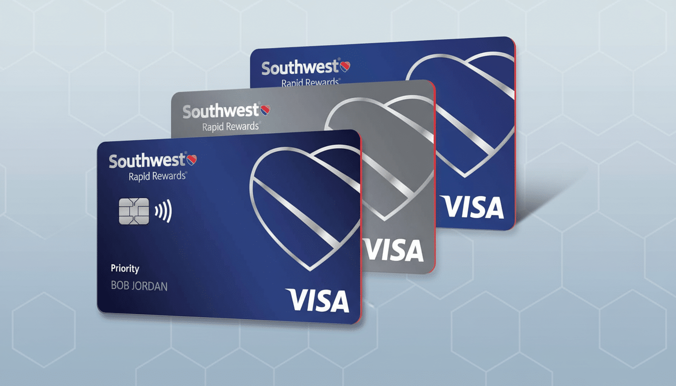 Three Southwest Rapid Rewards Visa credit cards are displayed on a professional background with soft geometric patterns. The cards are blue and gray,