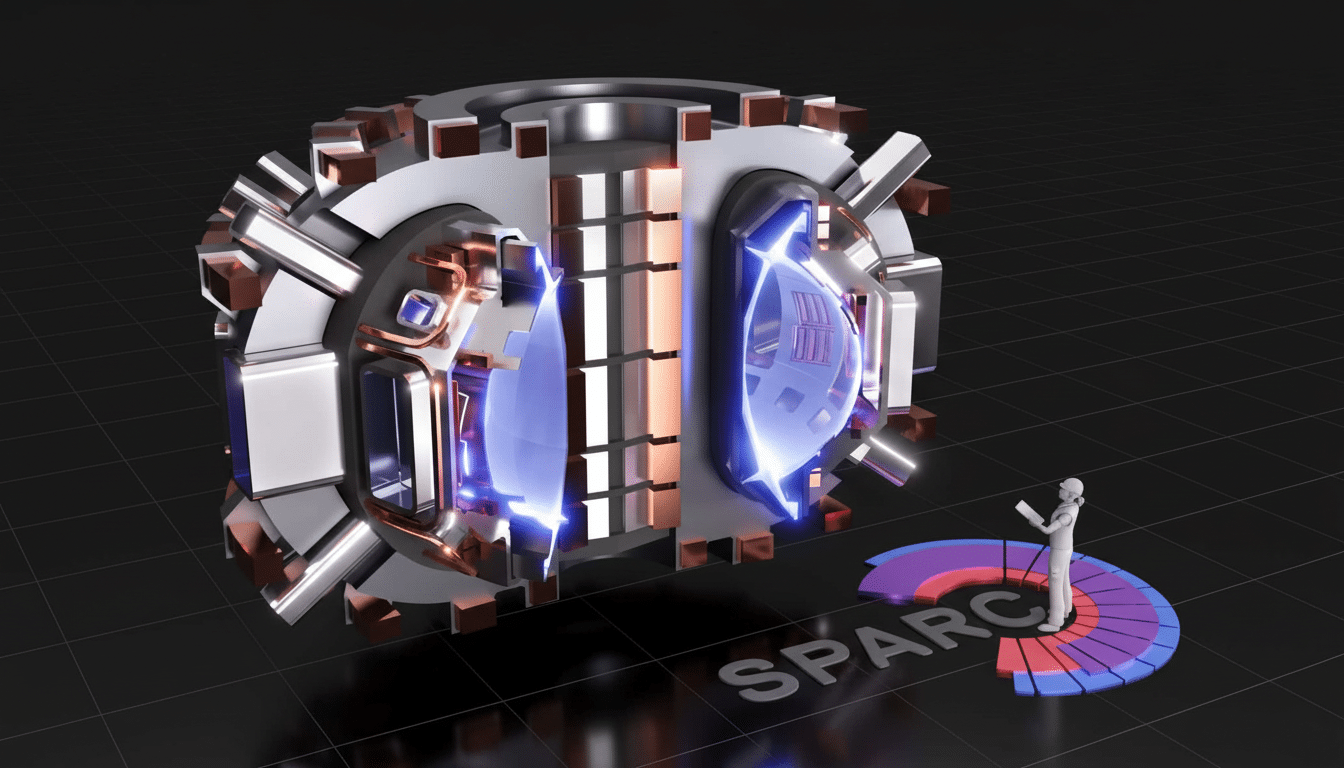 A detailed rendering of a SP ARC tokamak fusion device, shown in a cut away view with glowing blue plasma chambers , positioned on a dark grid surface . A small, stylized human figure stands beside a colorful SPARC logo.