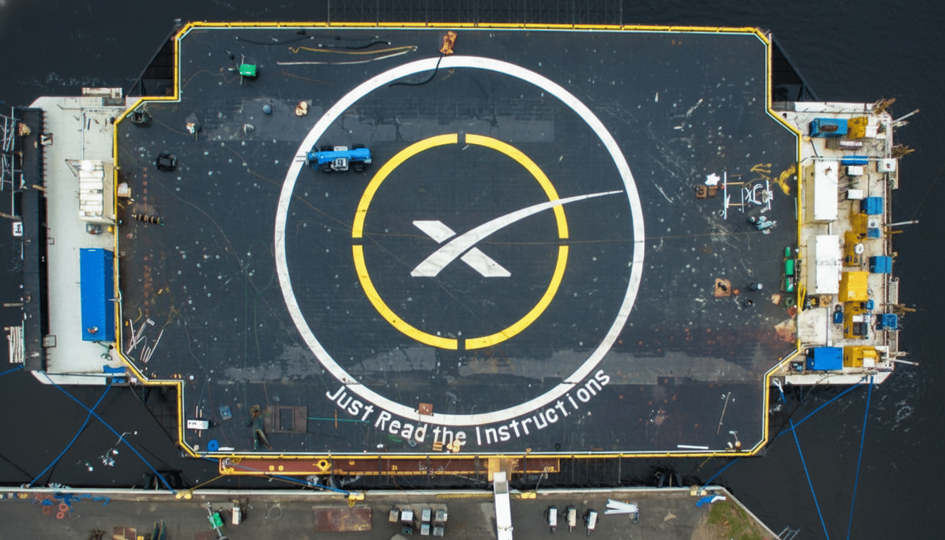 Aerial view of the SpaceX drone ship Just Read the Instructions, featuring the SpaceX logo and various equipment on its deck.
