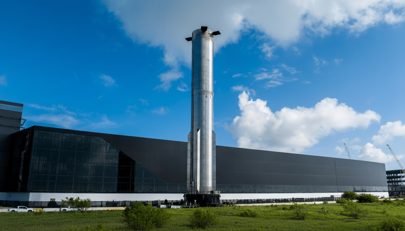 A large , tall , metallic rocket stands upright next to a long , modern black building with glass sections under a bright blue sky with white clouds.