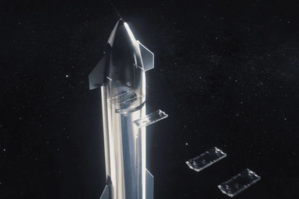 A silver SpaceX Star ship rocket in space with its cargo bay open , deploying two rectangular satellites against a starry black background .