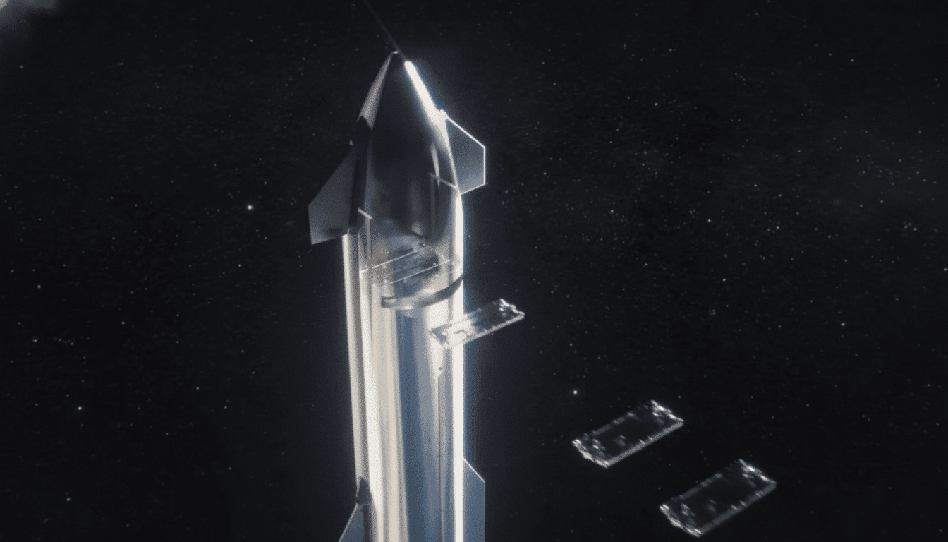 A silver SpaceX Star ship rocket in space with its cargo bay open , deploying two rectangular satellites against a starry black background .